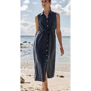 J. Jill Midi Shirt Dress, Navy Blue, Linen, Sleeveless, Tie Front, Sz LP